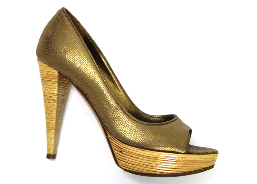 Sergio Rossi Peep Toe Gold Platform Heels Pumps Size 34